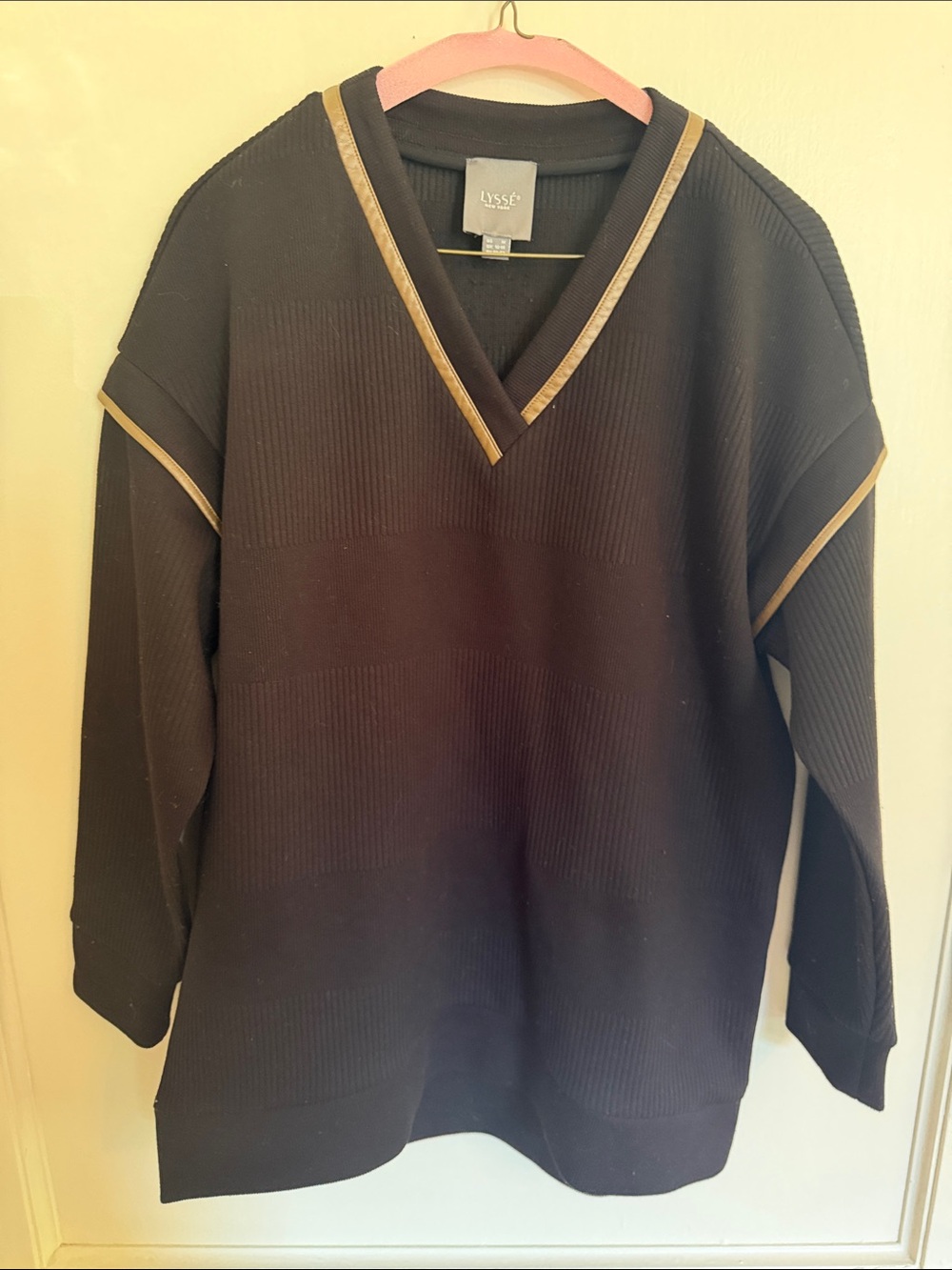 Lysse Black V‑Neck Sweater with Gold Trim Accents medium